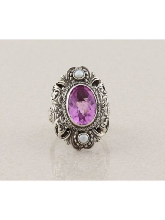 Sarda Jewelry - Sterling Silver Natural Amethyst and Pearl Ring Sarda Size 8 1/4